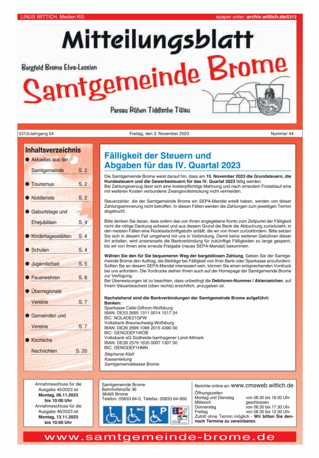 Mitteilungsblatt der Samtgemeinde Brome Titelblatt 44/2023