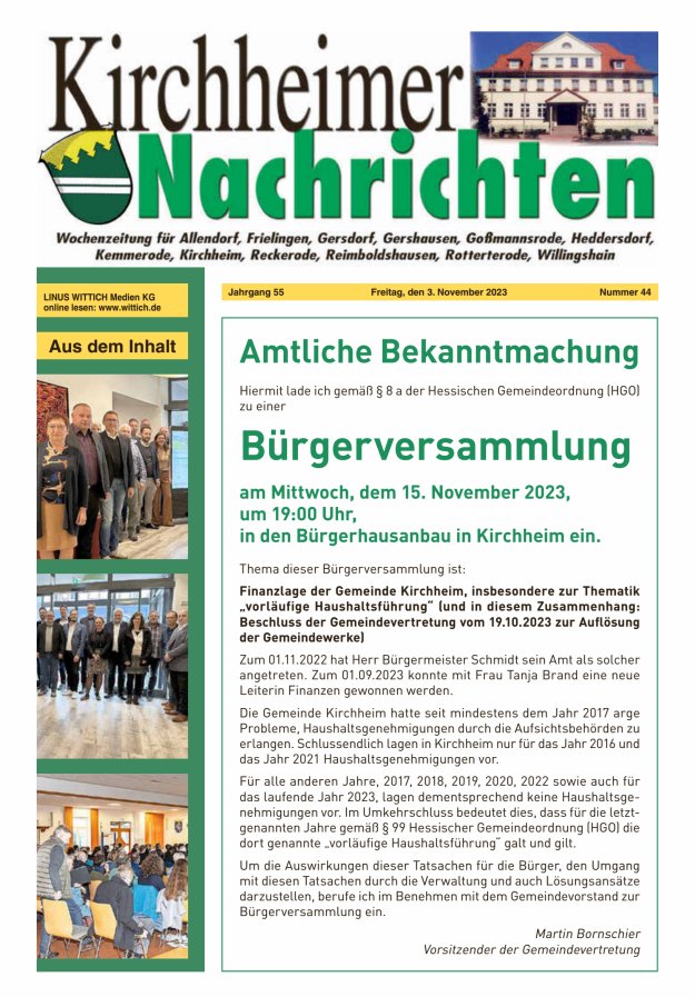 Kirchheimer Nachrichten Titelblatt 44/2023