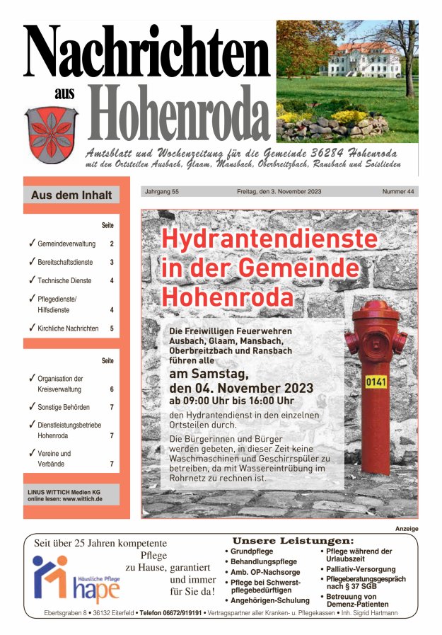 Nachrichten aus Hohenroda Titelblatt 44/2023