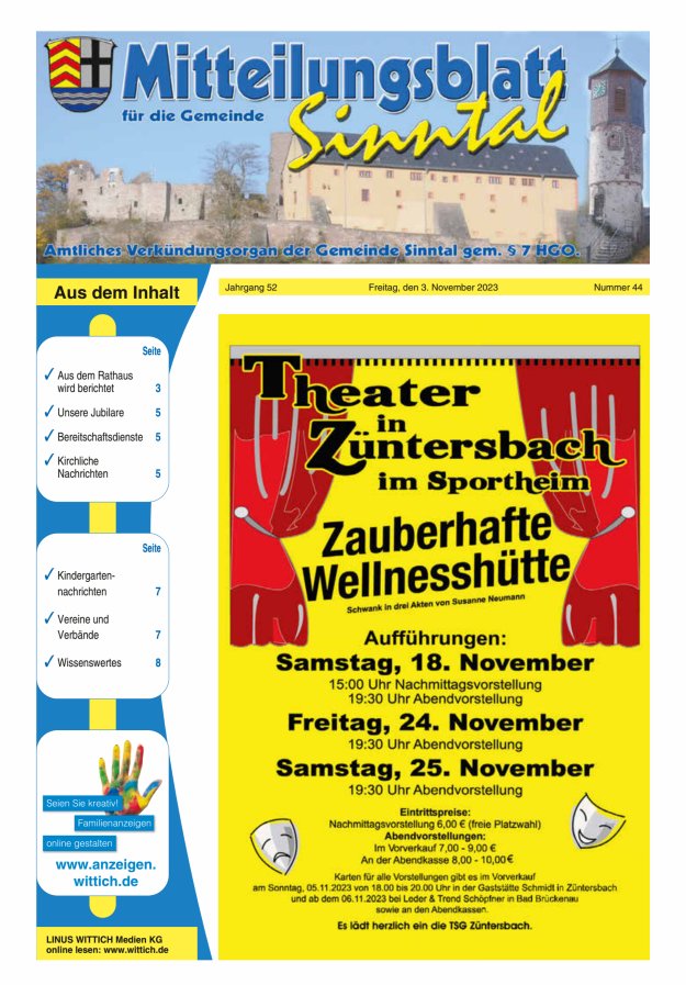 Mitteilungsblatt für die Gemeinde Sinntal Titelblatt 44/2023