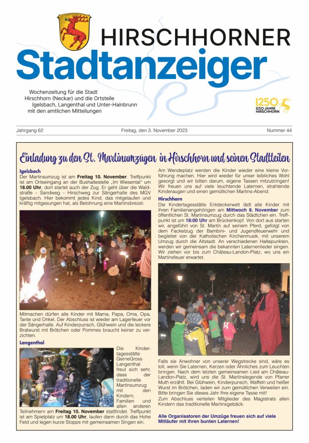 Hirschhorner Stadtanzeiger Titelblatt 44/2023