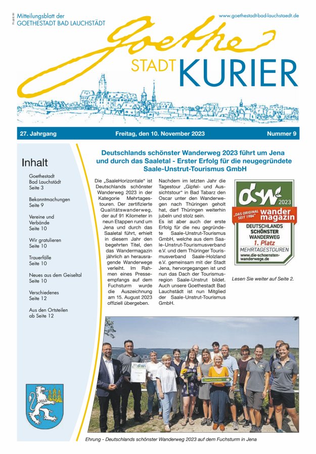 Goethestadt Kurier - Mitteilungsblatt der Goethestadt Bad Lauchstädt Titelblatt 09/2023