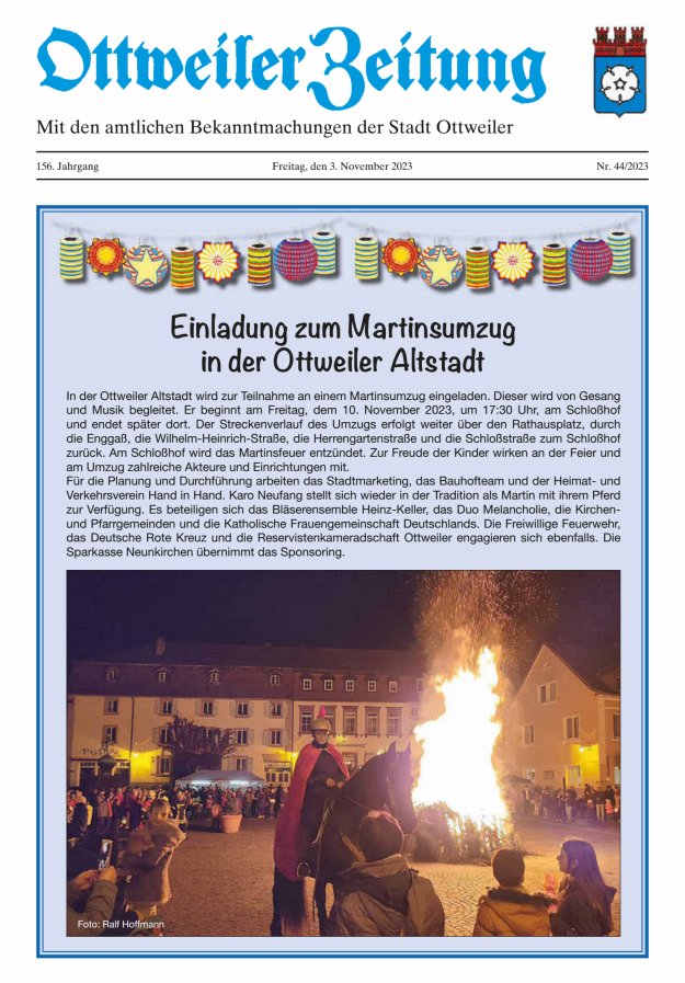 Ottweiler Zeitung Titelblatt 44/2023