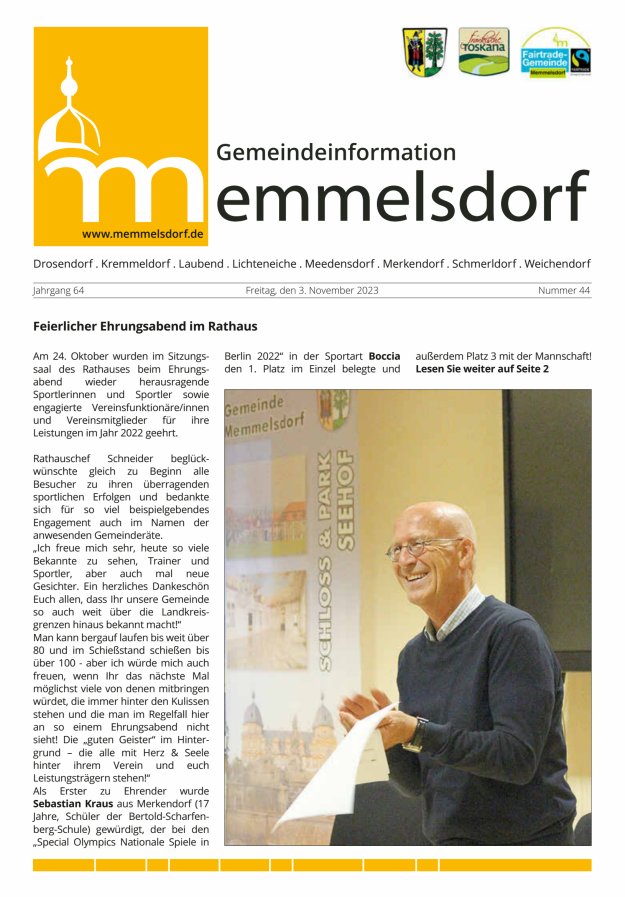 Mitteilungsblatt der Gemeinde Memmelsdorf Titelblatt 44/2023