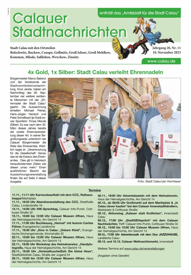Calauer Stadtnachrichten  Titelblatt 11/2023