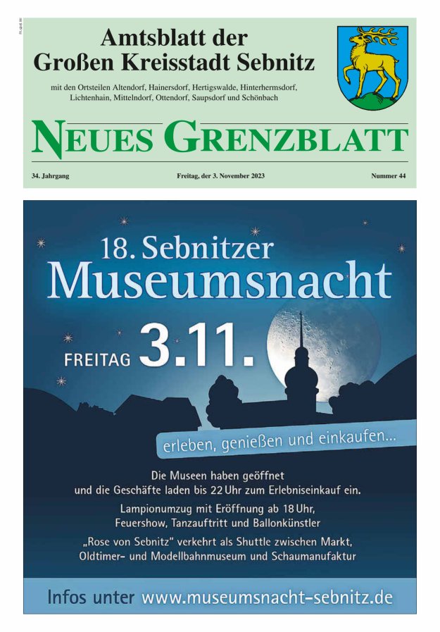Amtsblatt der Großen Kreisstadt Sebnitz mit den Ortsteilen Titelblatt 44/2023