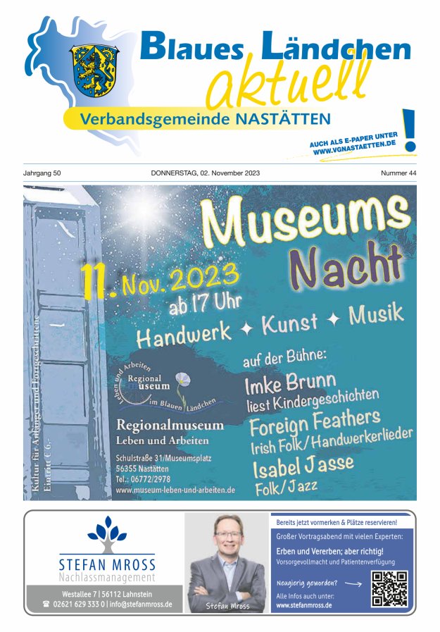 Blaues Ländchen aktuell - Heimat- u Bürgerzeitung VG Nastätten Titelblatt 44/2023