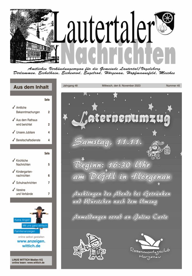 Lautertaler Nachrichten Titelblatt 45/2023
