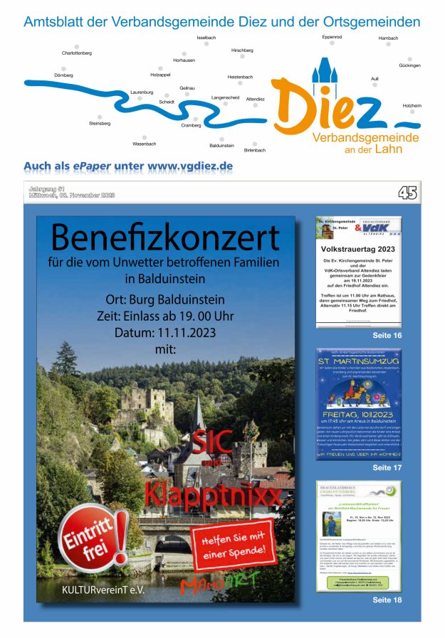 Mitteilungsblatt der Verbandsgemeinde Diez und der Ortsgemeinden Titelblatt 45/2023