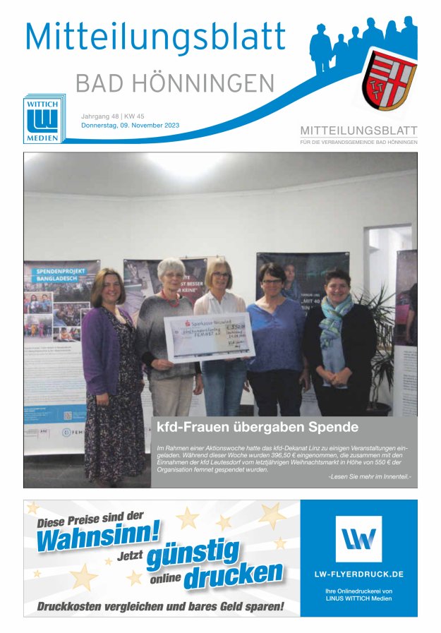 Mitteilungsblatt für den Bereich der Verbandsgemeinde Bad Hönningen Titelblatt 45/2023