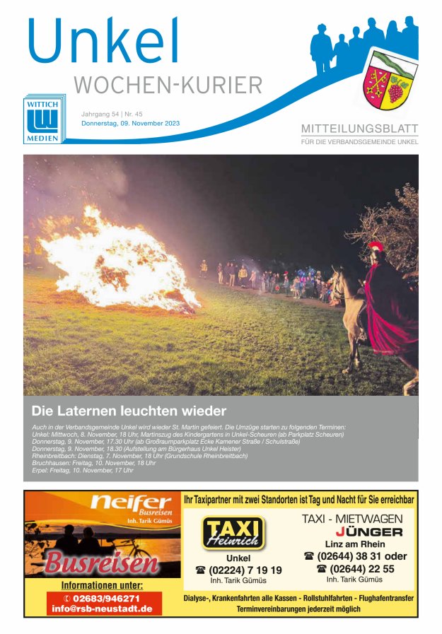 Wochen-Kurier Verbandsgemeinde Unkel Titelblatt 45/2023