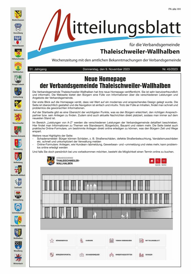 Mitteilungsblatt VG Thaleischweiler-Wallhalben Titelblatt 45/2023