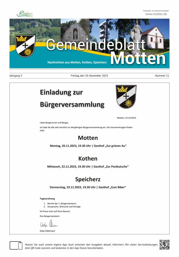 Gemeindeblatt Motten Nachrichten aus Motten Kothen Speicherz Titelblatt 11/2023
