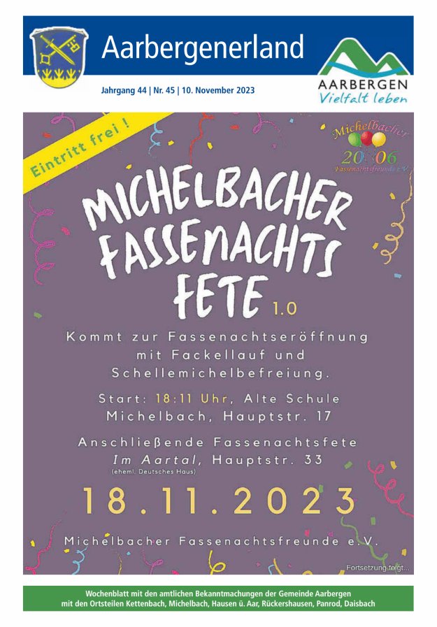 Aarbergenerland - Wochenblatt mit den amtlichen Bekanntmachungen Titelblatt 45/2023