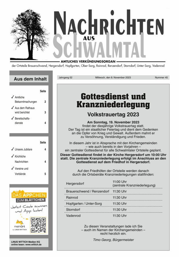Nachrichten aus Schwalmtal Titelblatt 45/2023