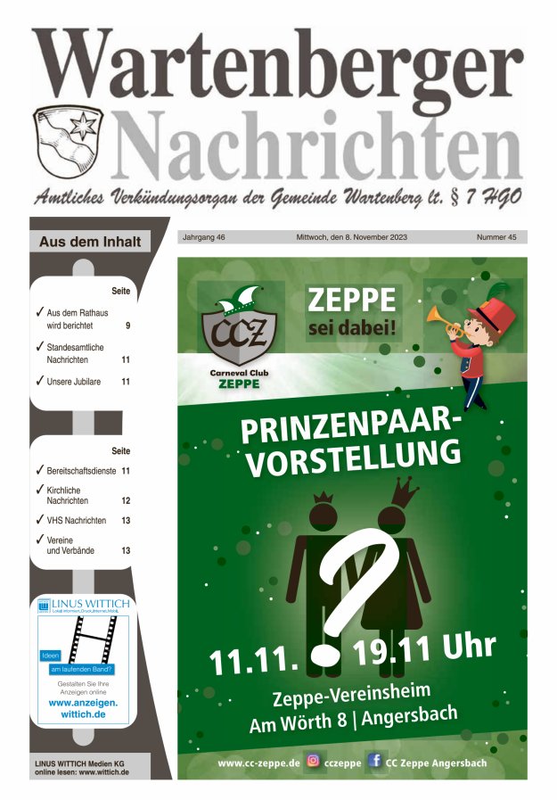Wartenberger Nachrichten Titelblatt 45/2023