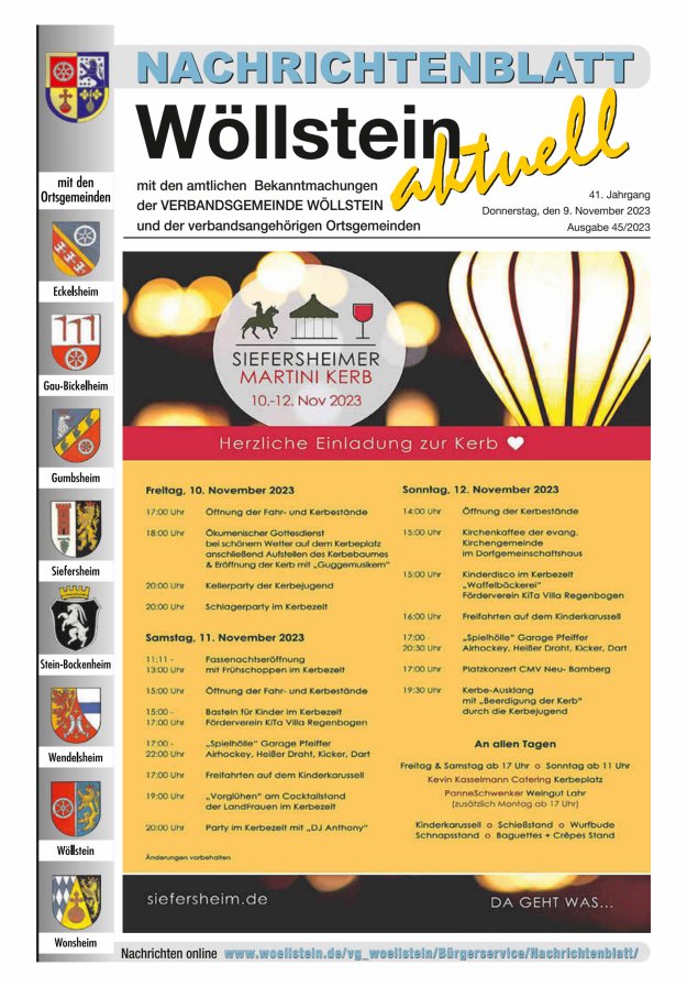 Nachrichtenblatt Wöllstein aktuell Titelblatt 45/2023