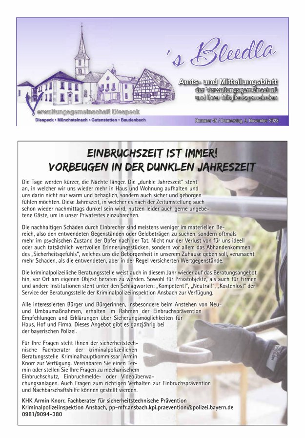 Amts- und Mitteilungsblatt VGem Diespeck Titelblatt 45/2023