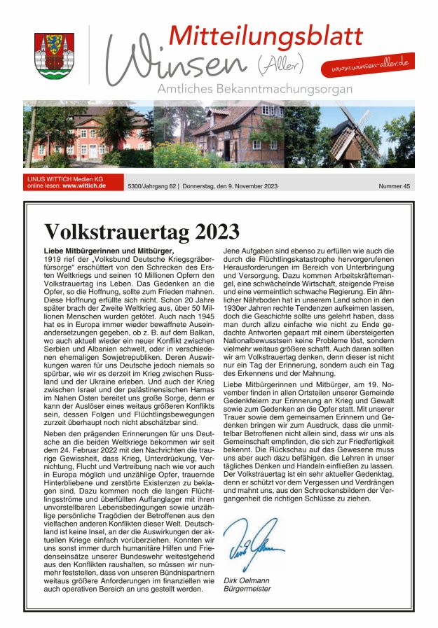 Mitteilungsblatt der Gemeinde Winsen Titelblatt 45/2023
