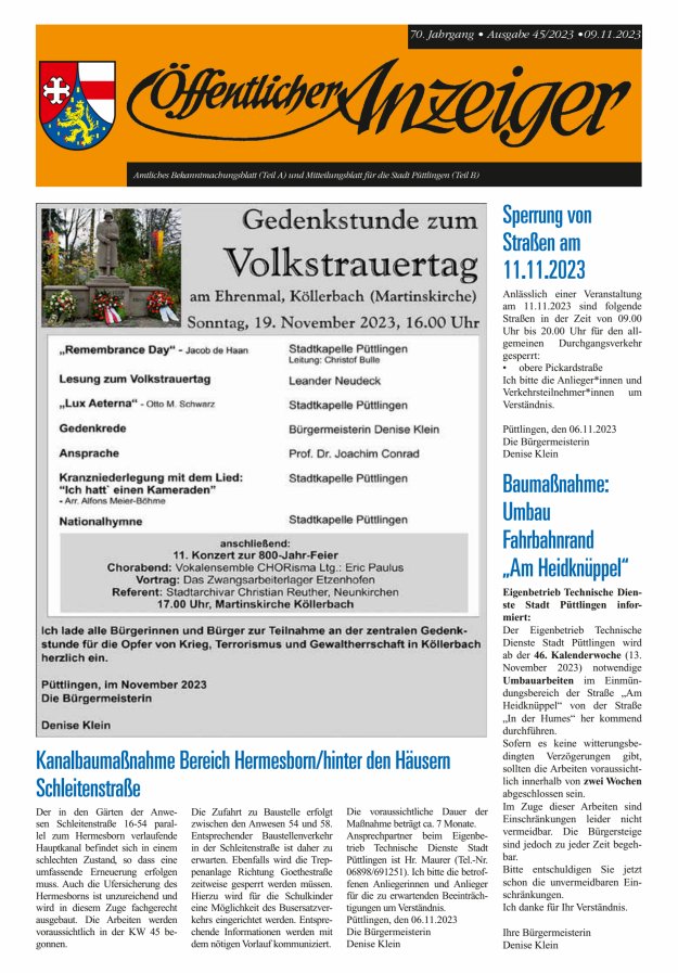 Öffentlicher Anzeiger - Stadt Püttlingen Titelblatt 45/2023