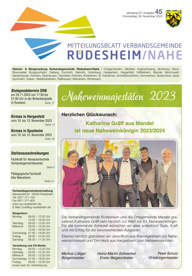 Mitteilungsblatt Verbandsgemeinde Rüdesheim und zugehörige Ortsgemeinden Titelblatt 45/2023