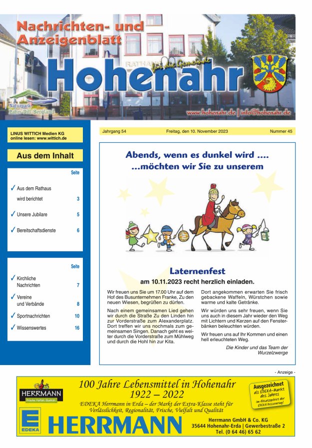 Nachrichten- und Anzeigenblatt für die Gemeinde Hohenahr Titelblatt 45/2023