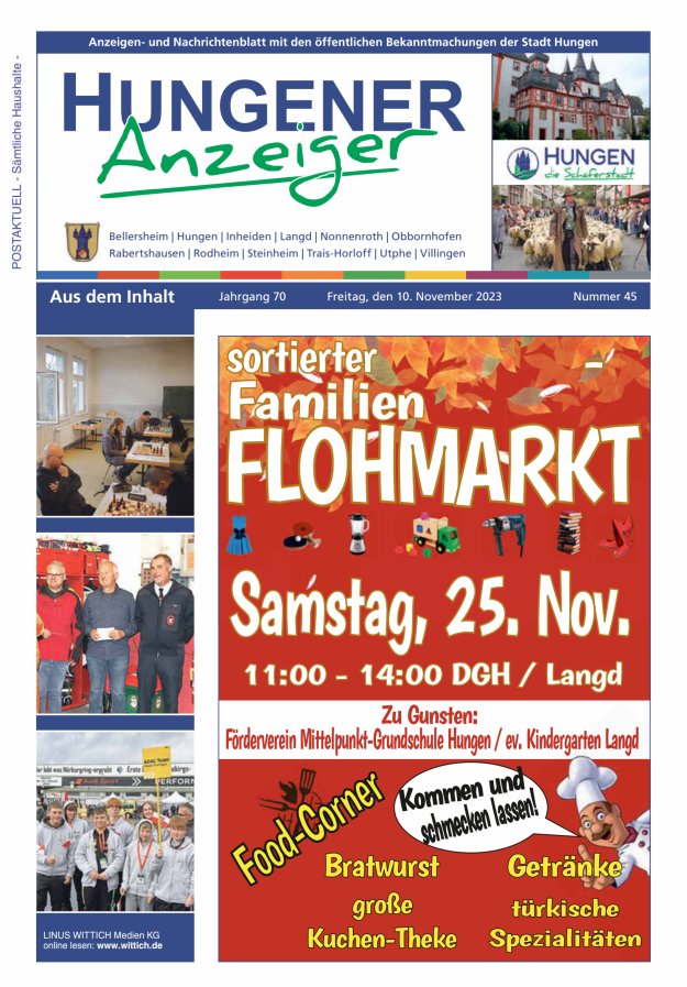Anzeigen- und Nachrichtenblatt mit den öff  Bekanntmachungen der Stadt Hungen Titelblatt 45/2023