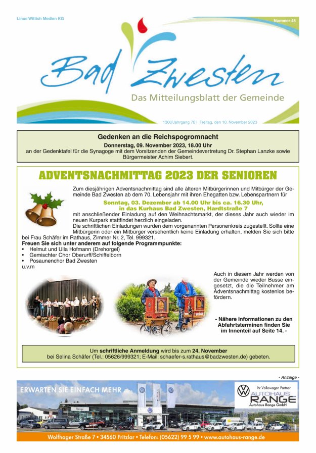 Heimatzeitung Bad Zwesten Titelblatt 45/2023
