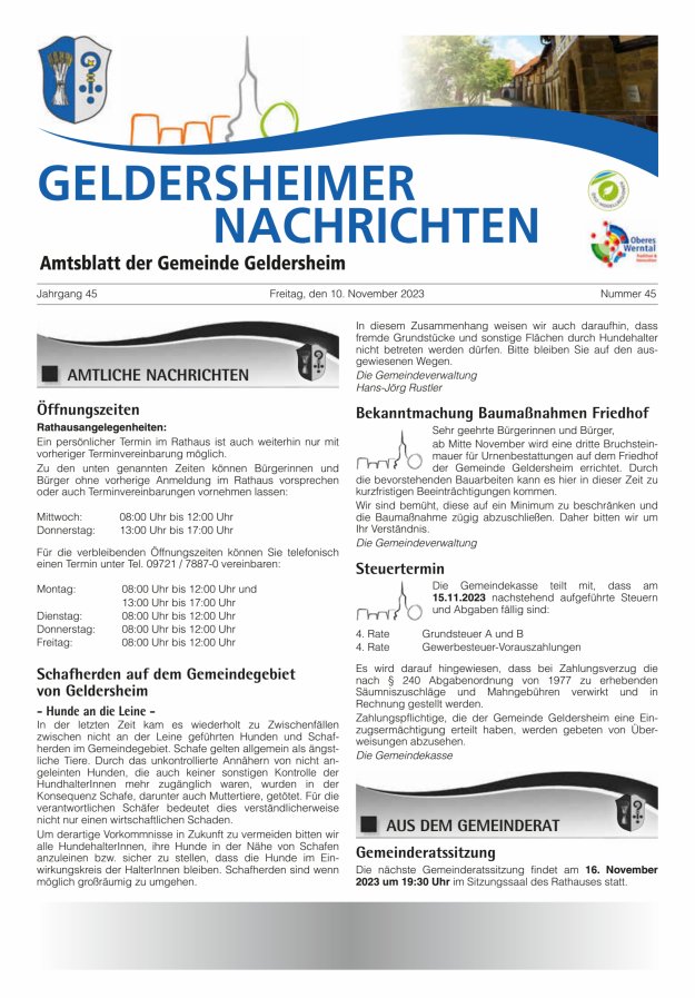 Geldersheimer Nachrichten Amtsblatt der Gemeinde Geldersheim Titelblatt 45/2023