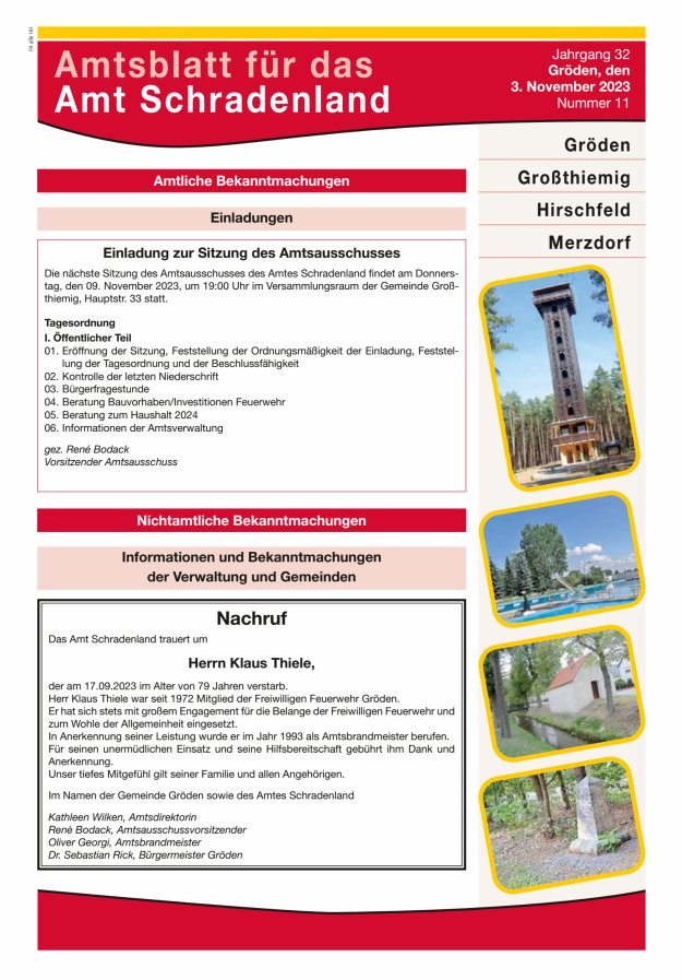 Amtsblatt für das Amt Schradenland Titelblatt 11/2023