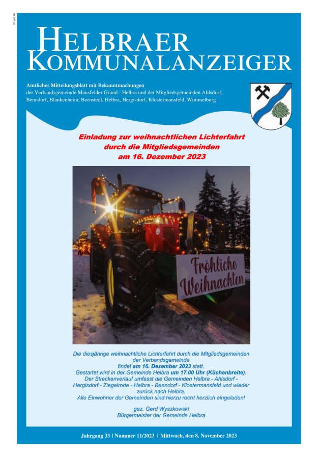Helbraer Kommunalanzeiger – Amtliches Mitteilungsblatt mit Bekanntmachungen Titelblatt 11/2023