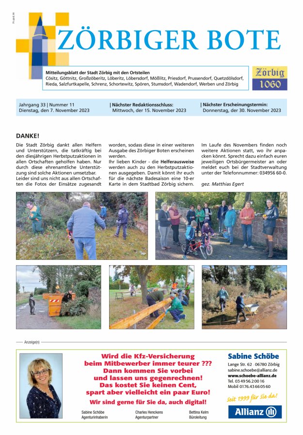 Zörbiger Bote – Mitteilungsblatt der Stadt Zörbig mit den Ortsteilen Titelblatt 11/2023