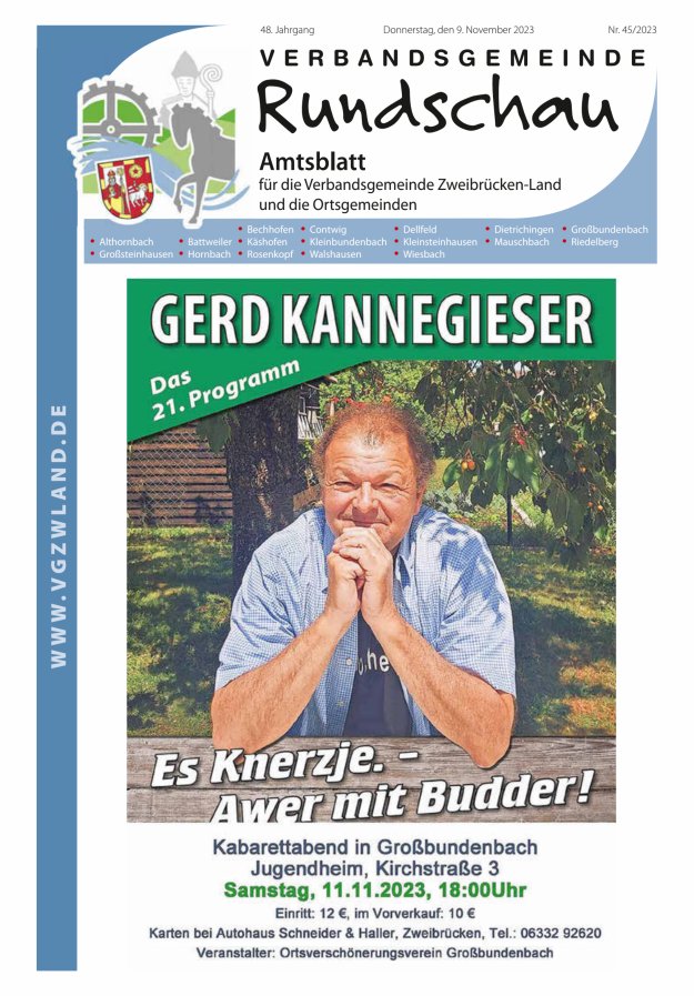 Verbandsgemeinde Rundschau Zweibrücken-Land Titelblatt 45/2023
