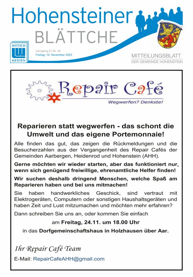 Hohensteiner Blättche Titelblatt 45/2023