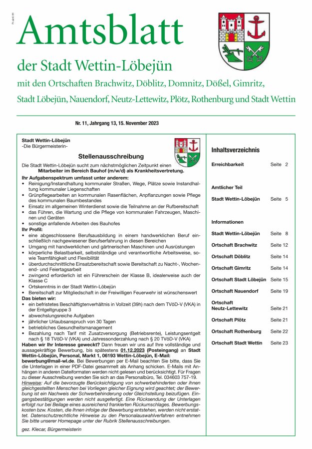 Amtsblatt der Stadt Wettin-Löbejün mit den Ortsteilen Titelblatt 11/2023