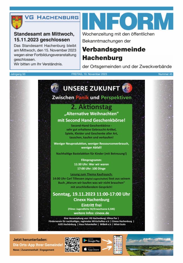 INFORM - Wochenzeitung der Verbandsgemeinde Hachenburg Titelblatt 45/2023