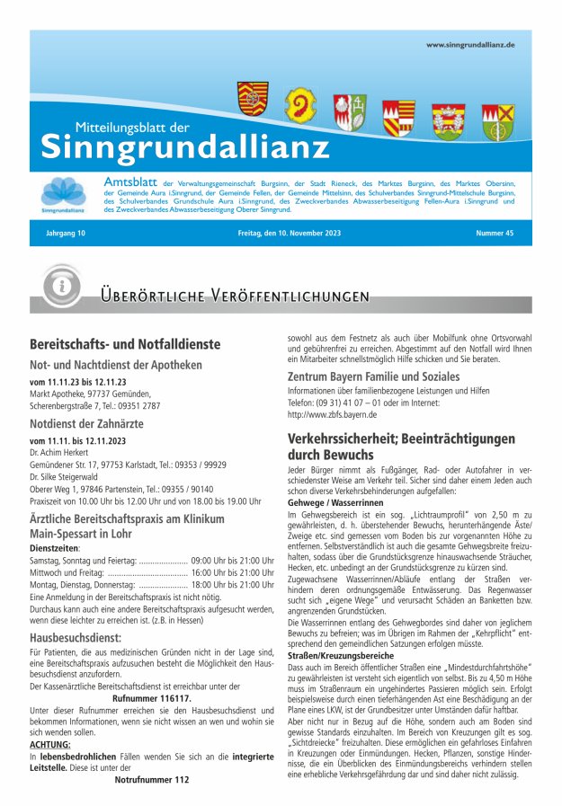 Mitteilungsblatt der Sinngrundallianz Titelblatt 45/2023