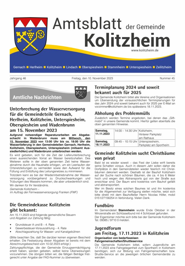 Amtsblatt der Gemeinde Kolitzheim Titelblatt 45/2023