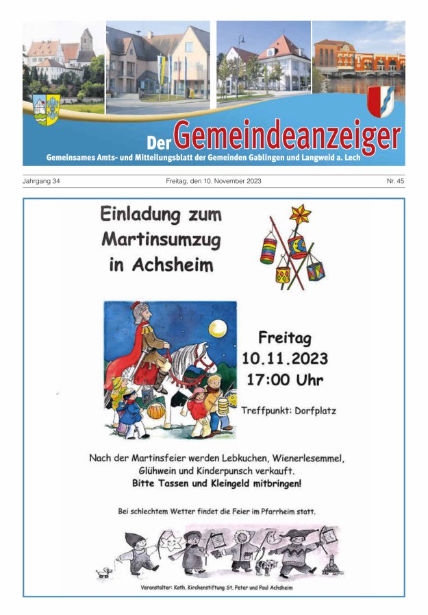 Der Gemeindeanzeiger - Gablingen Langweid Titelblatt 45/2023