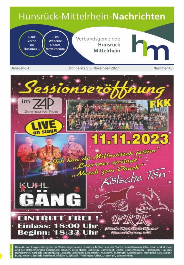 Hunsrück-Mittelrhein Nachrichten Ausgabe Emmelshausen Titelblatt 45/2023