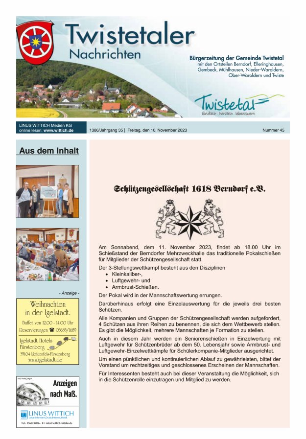 Twistetaler Nachrichten Titelblatt 45/2023