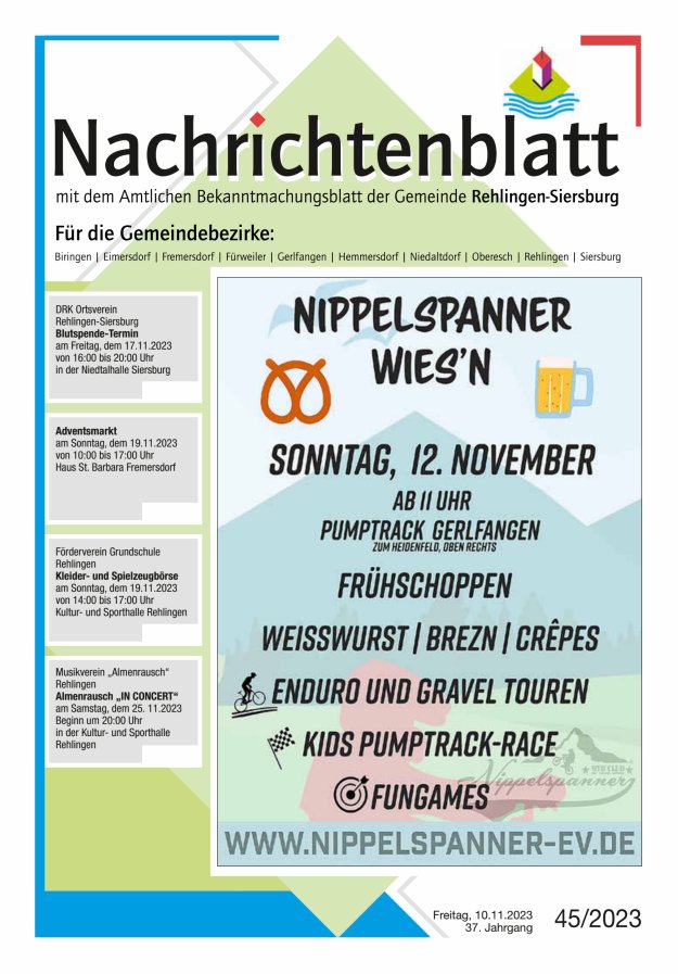 Nachrichtenblatt Rehlingen-Siersburg Titelblatt 45/2023