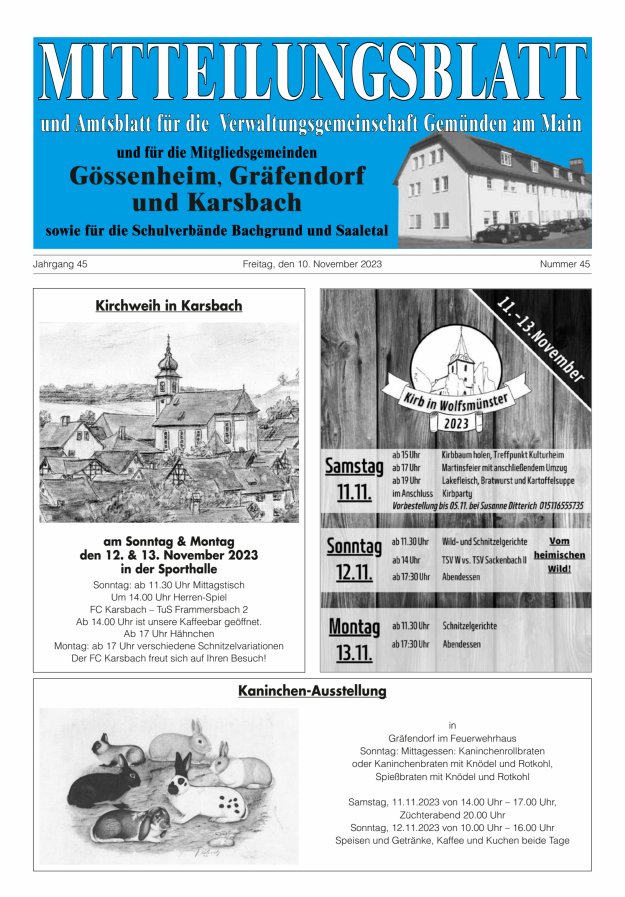 Mitteilungsblatt der VG Gemünden a Main Titelblatt 45/2023