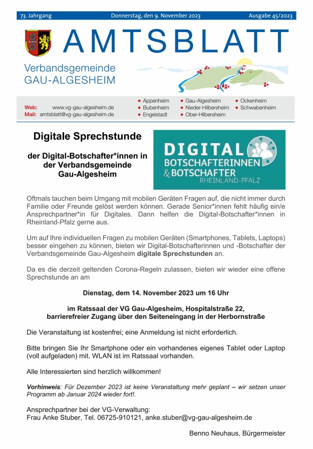Amtsblatt der VG Gau-Algesheim Titelblatt 45/2023