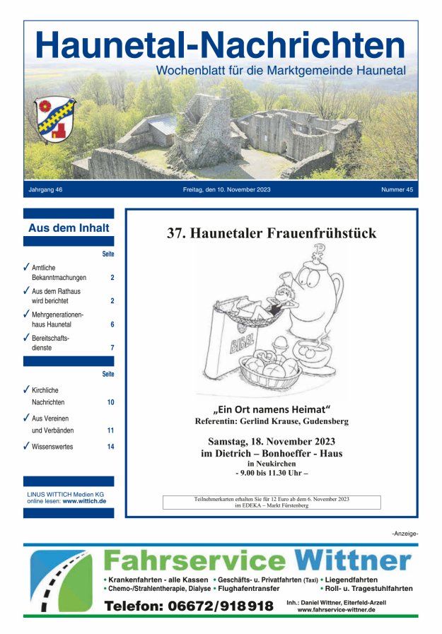 Haunetal-Nachrichten Titelblatt 45/2023