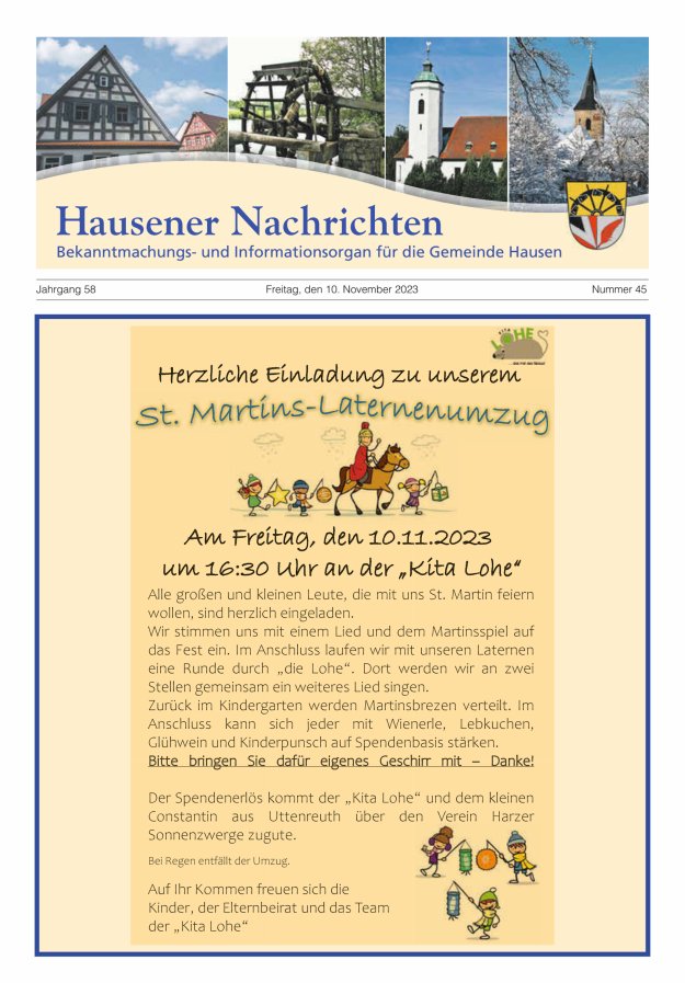 Hausener Nachrichten Titelblatt 45/2023