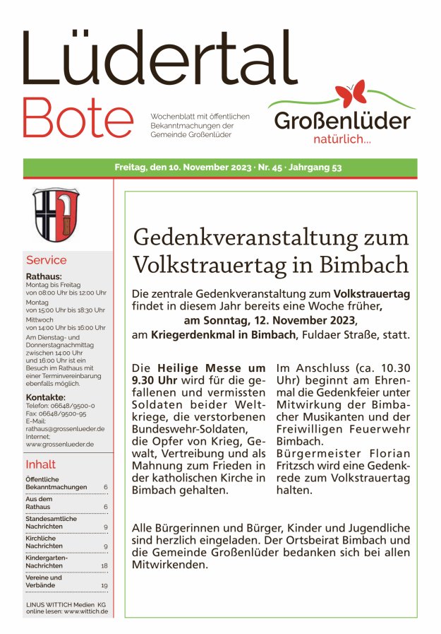 Wochenblatt mit öffentlichen Bekanntmachungen der Gemeinde Großenlüder Titelblatt 45/2023
