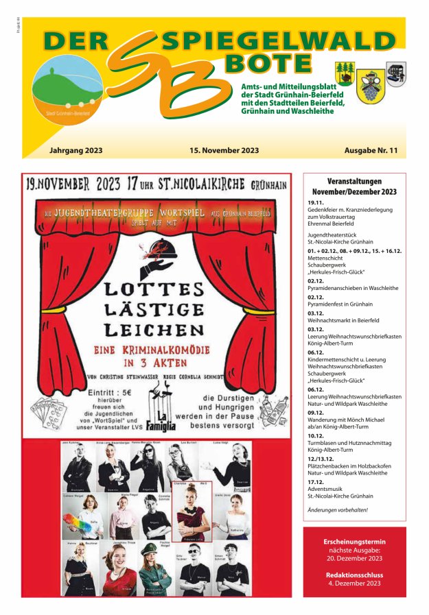 Der Spiegelwaldbote - Amts- und Mitteilungsblatt der Gemeinde Grünhain-Beierfeld  Titelblatt 11/2023