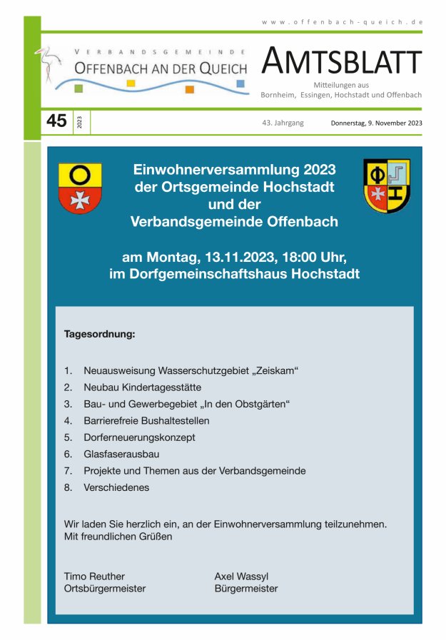 Amtsblatt VG Offenbach an der Queich Titelblatt 45/2023