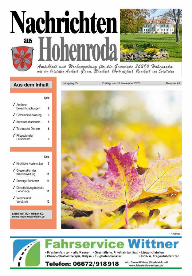 Nachrichten aus Hohenroda Titelblatt 45/2023